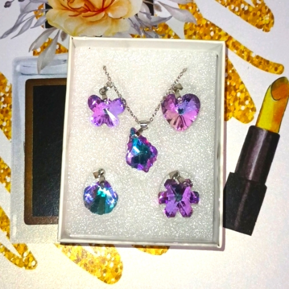 Austrian Crystals five Shaped Pendants Star Shell Necklace Set Silver